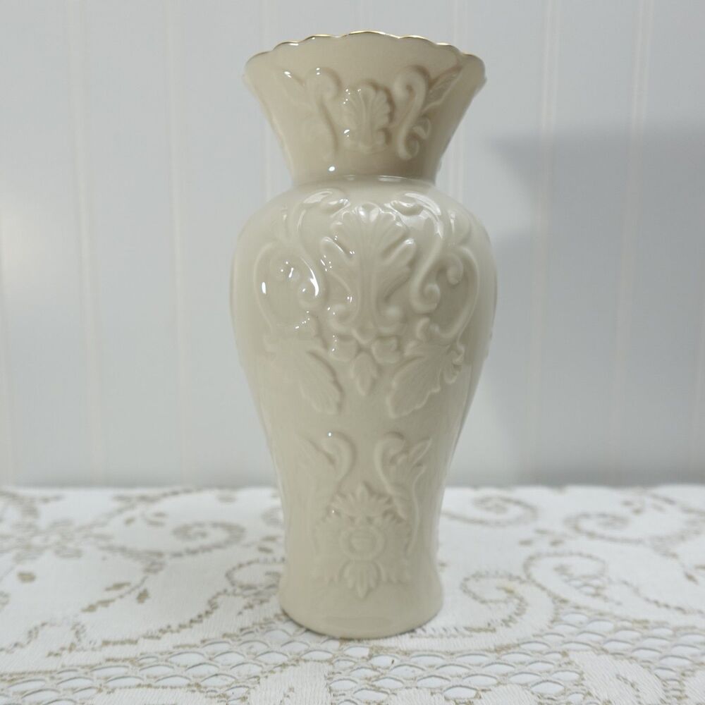 Lenox Ivory Fine China Vase Gold Trim Embossed Floral Design 7.5" Tall
